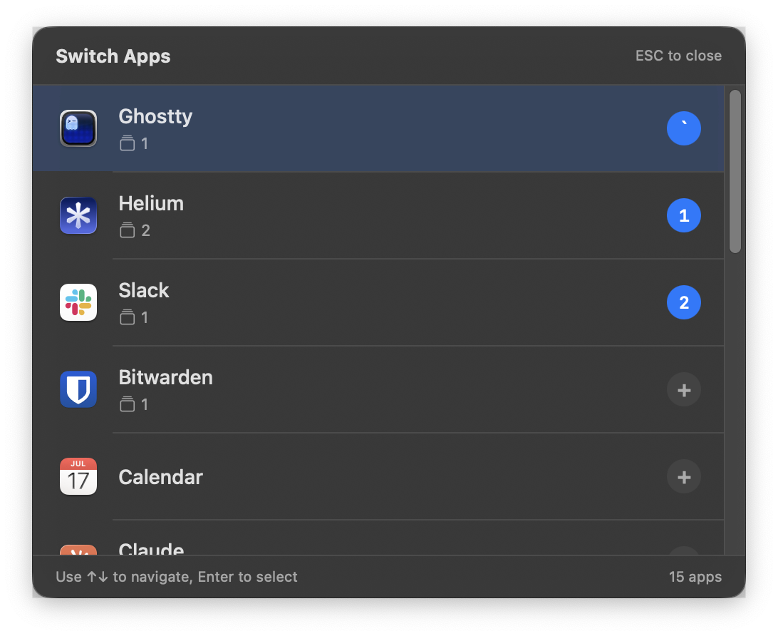 Manico app switcher showing running apps with keyboard shortcuts