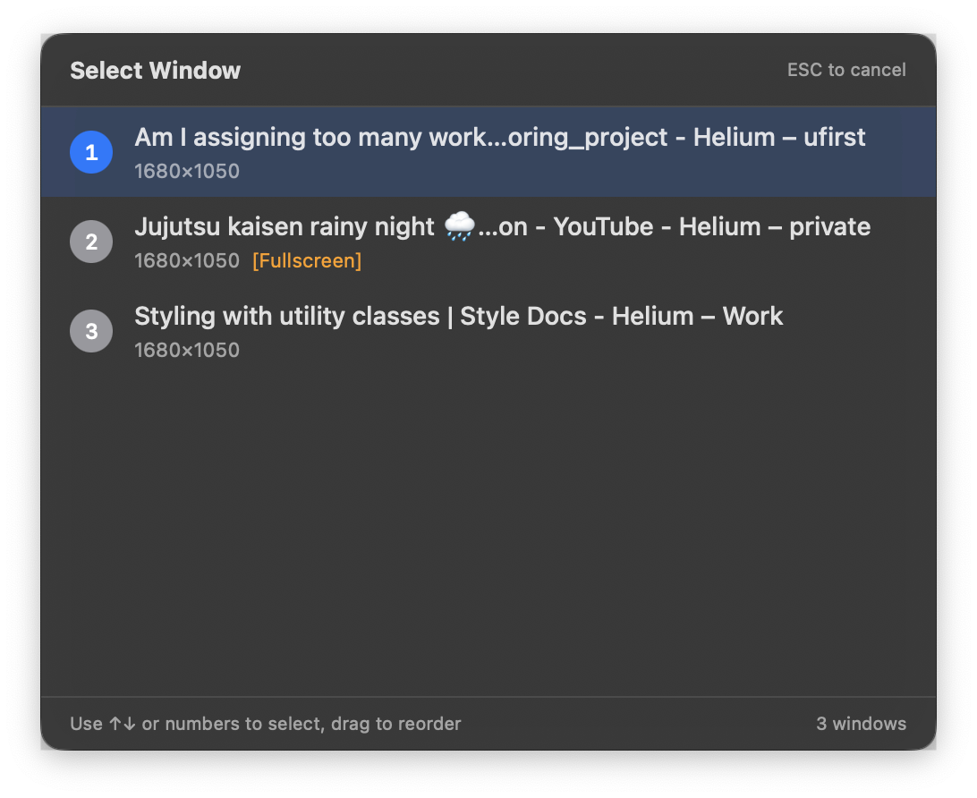 Manico window selector showing multiple windows for the same app